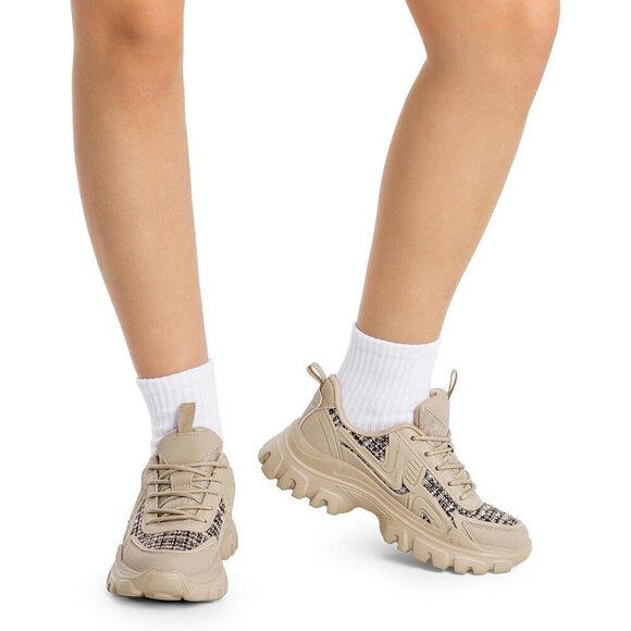 Women Tan Fashion Sneakers Bold Lace-Up Comfortable Sneakers - Picture 6 of 7